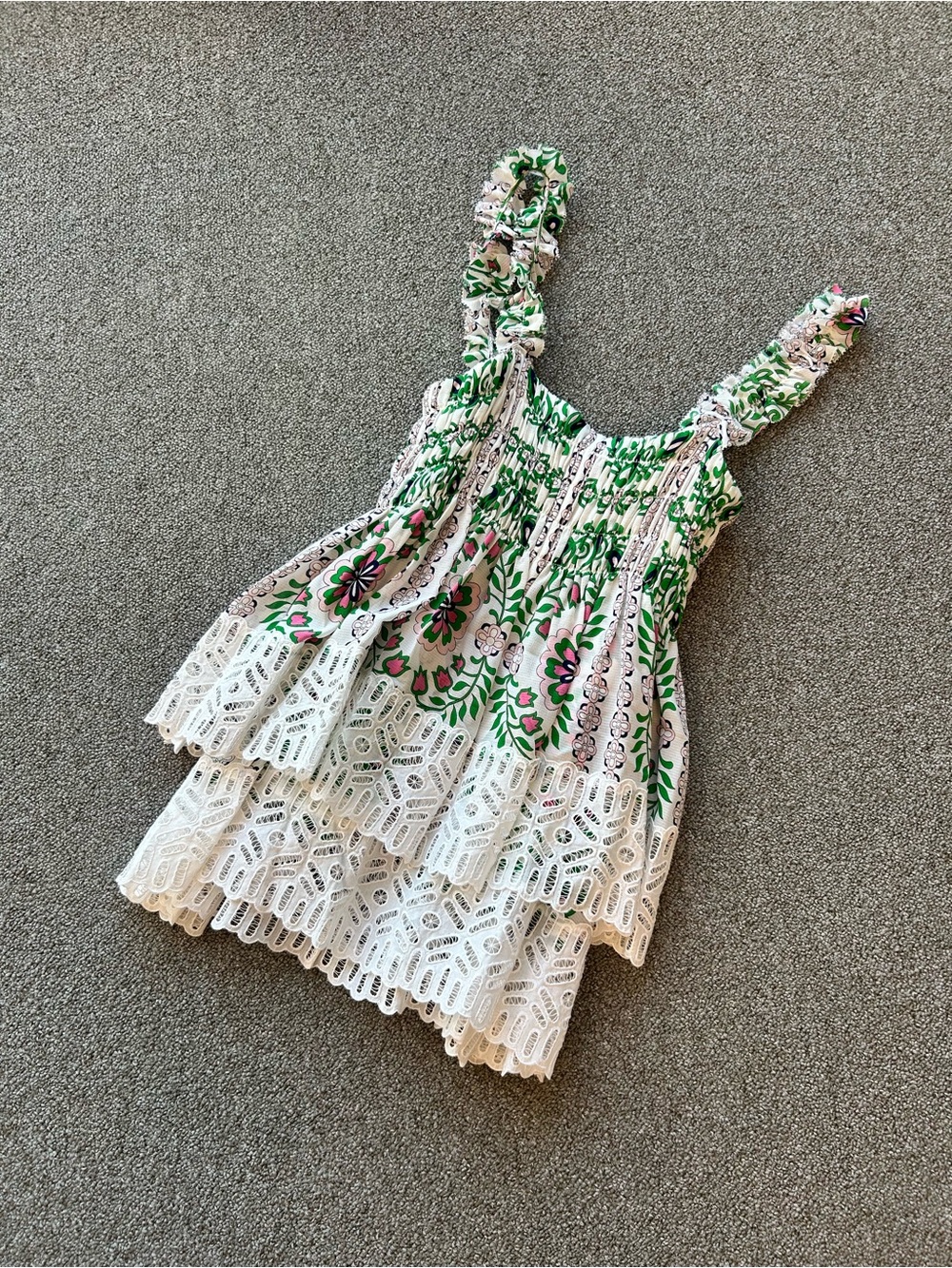 Tory Burch Floral Print Tiered Dress Green Pink White Eyelet Lace size 4